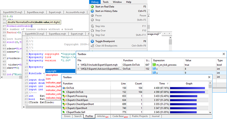 MetaEditor has everything for developing programs: code writing help, debugging and profiling