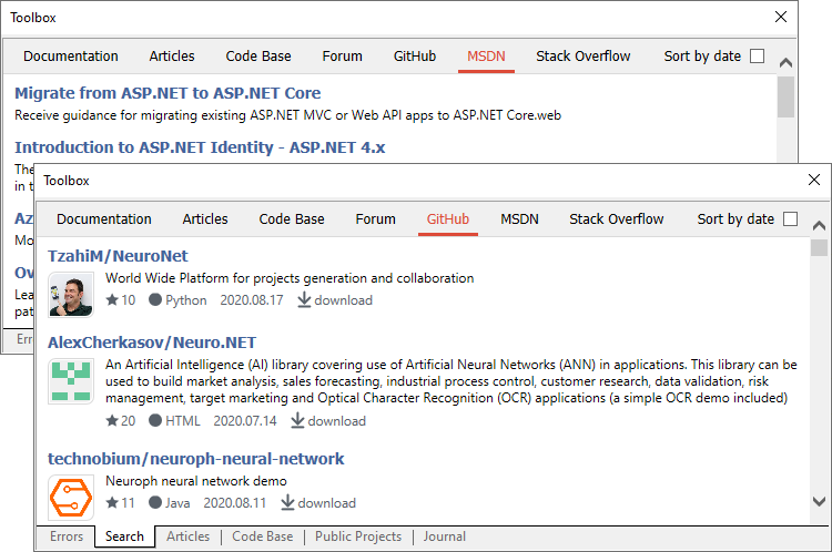 GitHub and MSDN search results