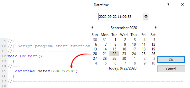 コードへの日付と時刻の挿入