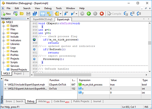 Debugging in Echtzeit und im Strategietester