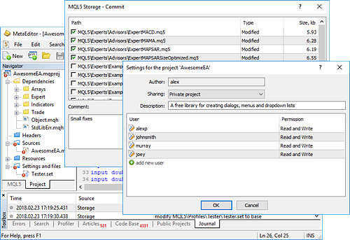 MQL5 Storage e projetos em grupo