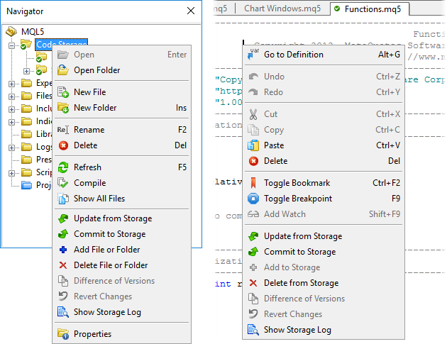 Menu do MQL5 Storage