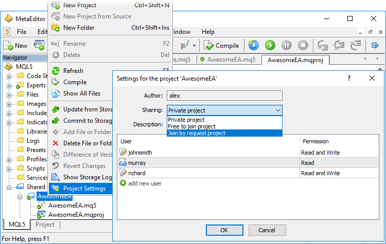 Configuring access to the shared project