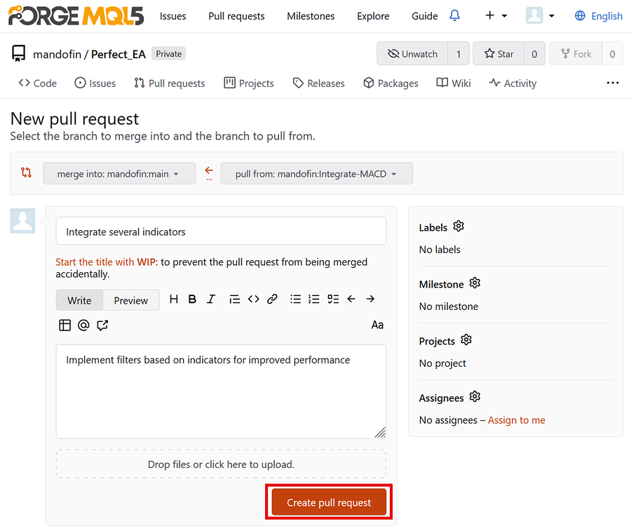 Pull request options webpage
