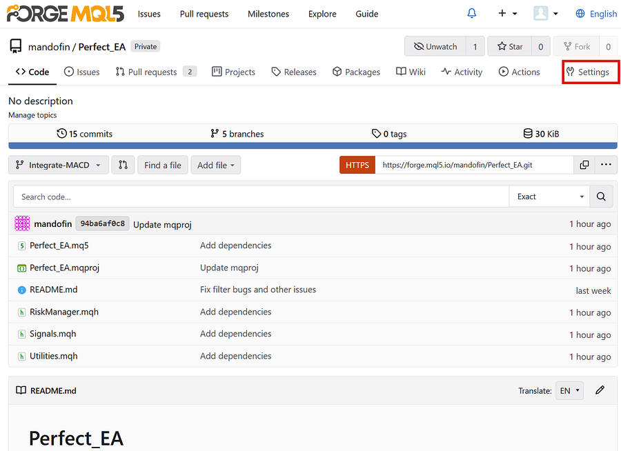 Repository settings webpage Repository settings webpage