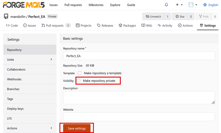 Changing repository settings