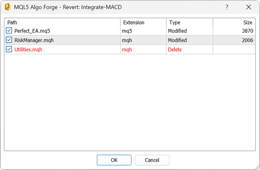 Reverting file changes window Reverting file changes window