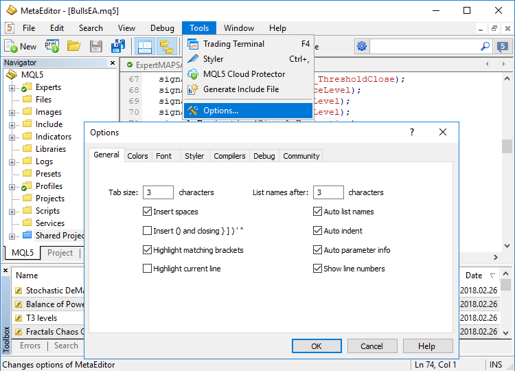 Opciones del MetaEditor