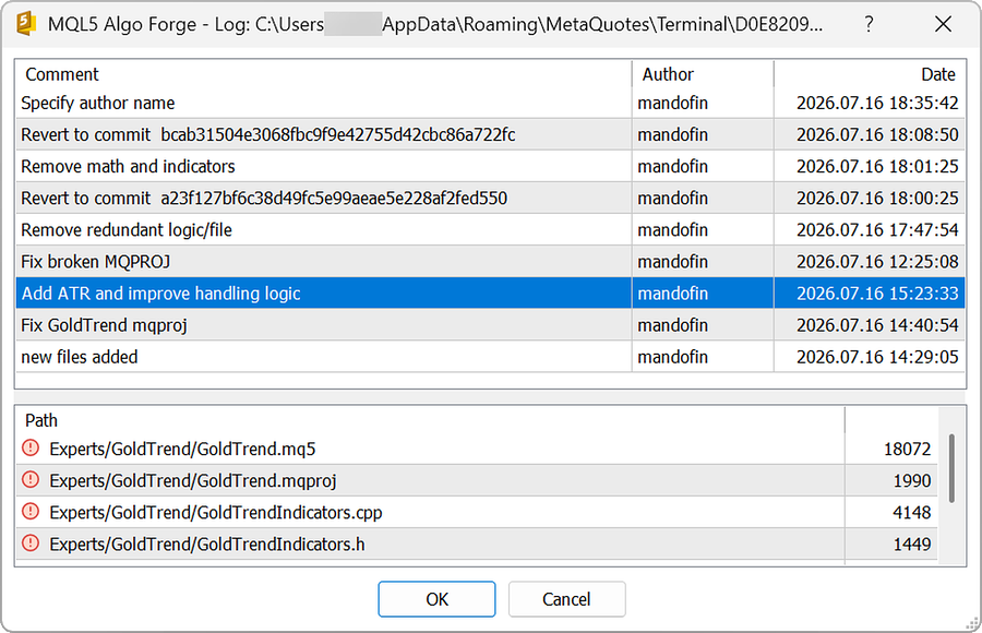Specific commit changes window Specific commit changes window