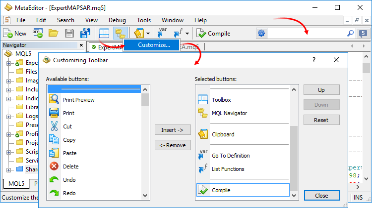 Barre d'outils de MetaEditor