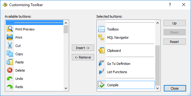 Customizing the toolbar