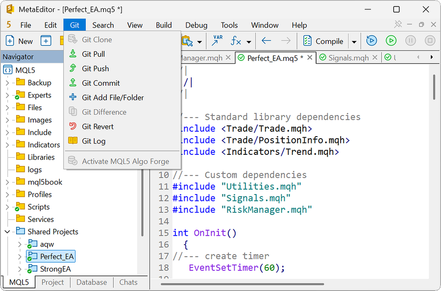 Top menu options for Git Top menu options for Git