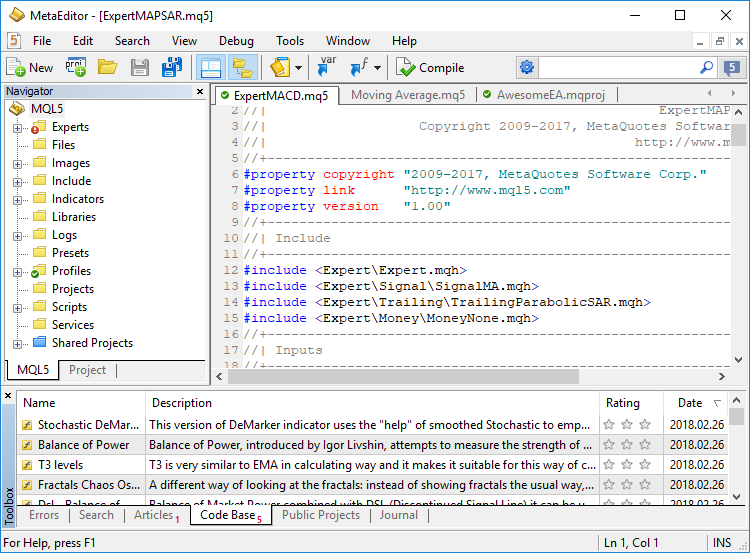 Zona de trabajo del MetaEditor