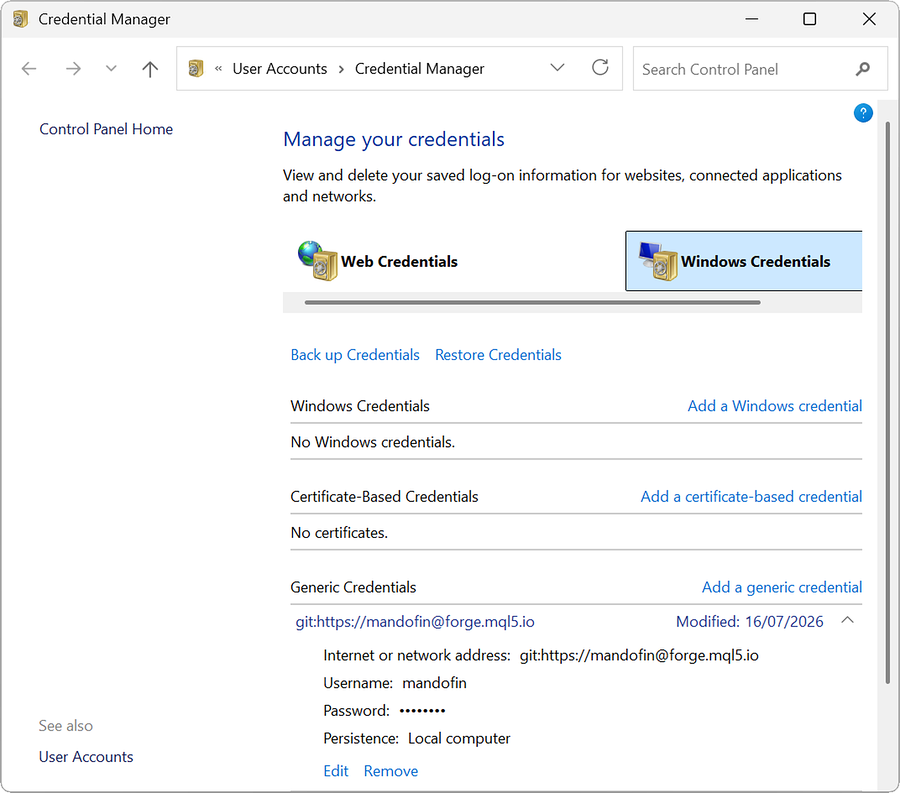 Окно диспетчера учетных данных Windows
