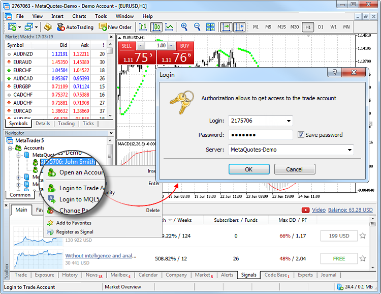 Pulse Conectarse a la cuenta de trading e indique su login y la contraseña