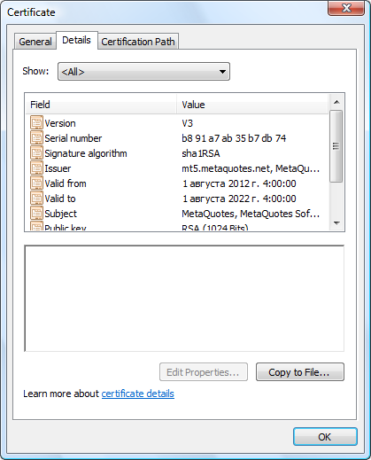 To export the public part of the certificate, click Copy to File in Details