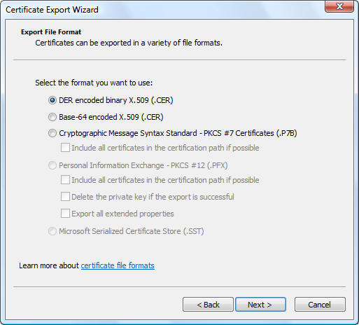 Select the certificate file format to export