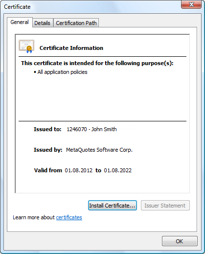 Click on a certificate on the server tab to view its details