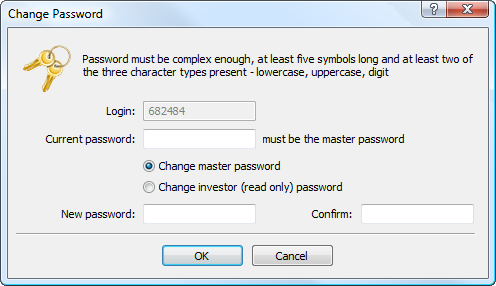 To change the password, enter the current master password