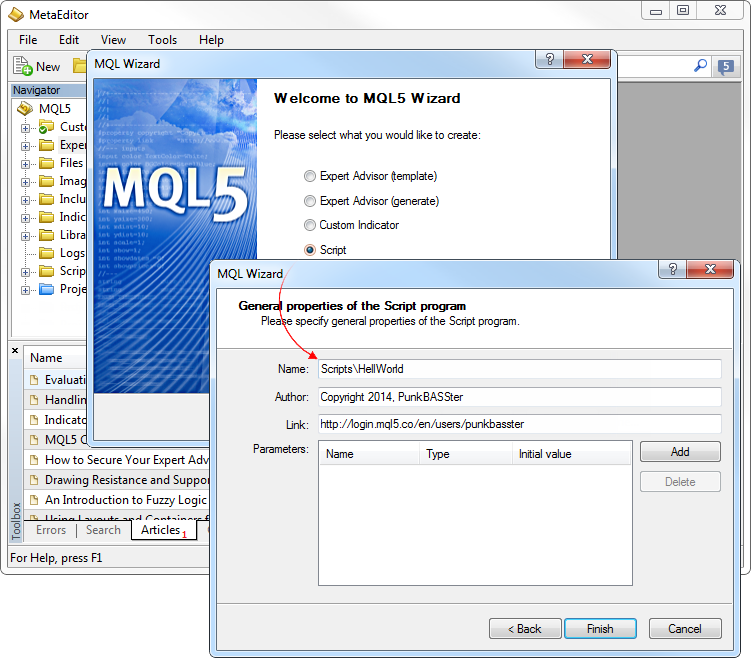 O assistente MQL5 gera o modelo da aplicação