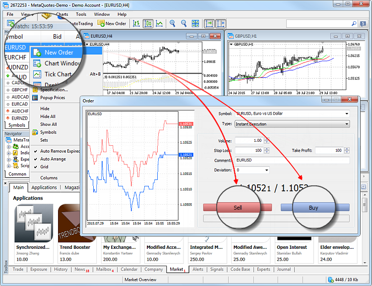 Para realizar la operación, pulse Nueva Orden, luego pulse Buy o Sell