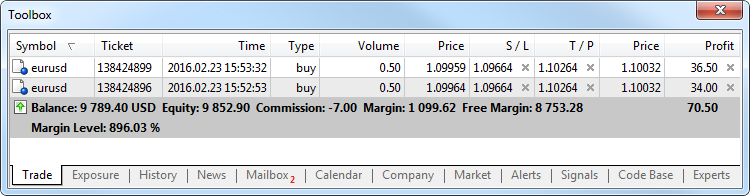 L'exécution des deux transactions d'Achat a abouti à deux positions de trading.