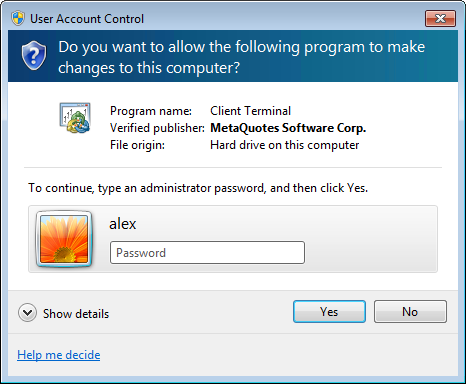 To update the platform in MS Windows Vista with UAC enabled, specify administrator account details
