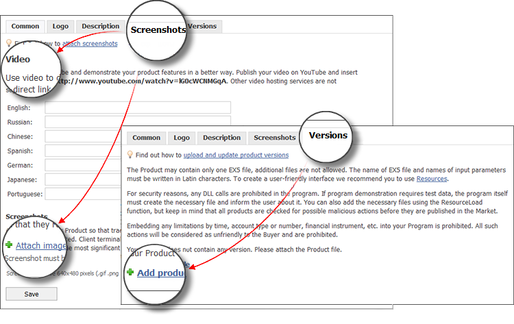 Adding screenshots, videos and product file
