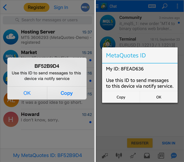 Indique o MetaQuotes ID nas configurações da plataforma de negociação, para receber nela as notificações