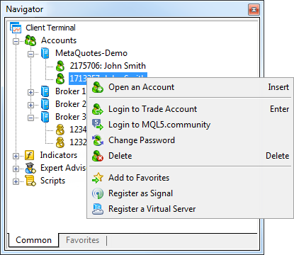 To manage a trading account, open its context menu in the Navigator