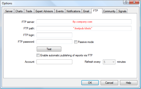 Na guia FTP, você pode configurar o envio de relatórios através do FTP