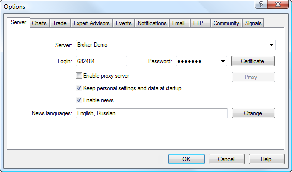 The Server tab contains settings for connection to a trading account