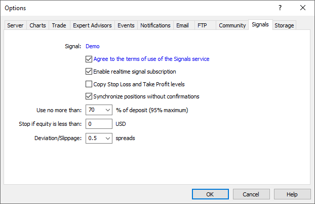 The Signals tab allows configuring automatic copying of trades on the account