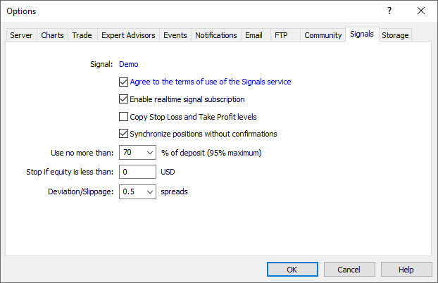 L'onglet Signaux permet de configurer la copie automatique des positions sur le compte