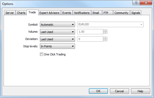 On the Trade tab, you can set the default settings for placing orders, and enable one-click trading