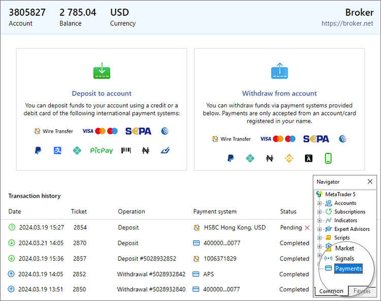 Manage your account balance through the Payments section