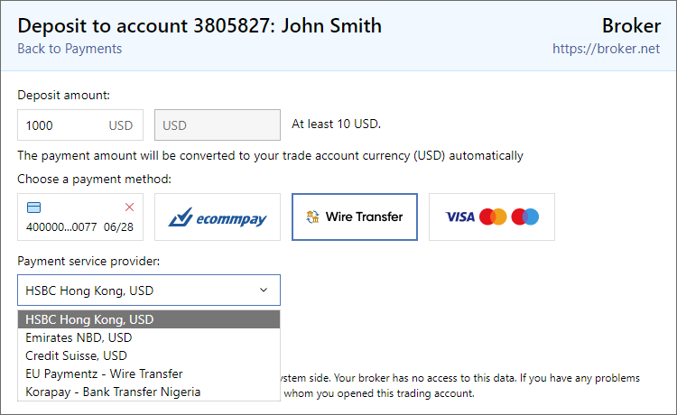 Select a bank to deposit funds to your account