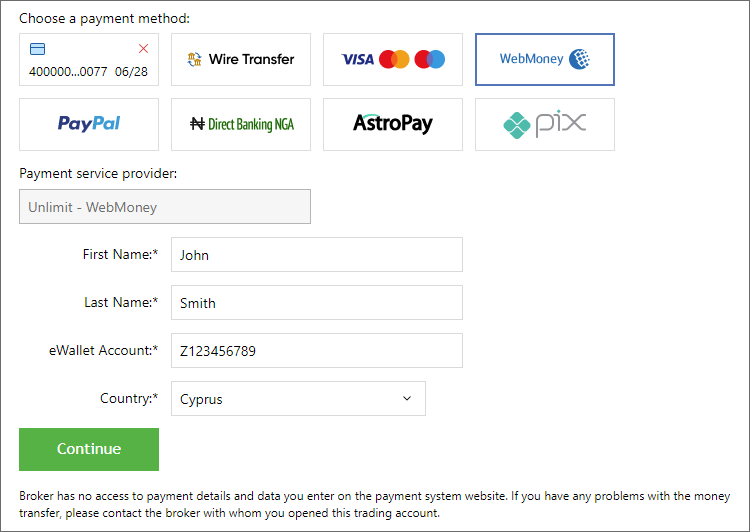 Specify wallet details to transfer funds
