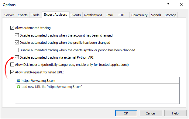 Para proteger as contas, a negociação automática para scripts Python deve ser ativada explicitamente.