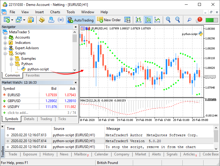 Exécuter un script Python dans la plateforme de trading