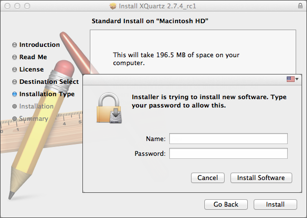 Confirme la instalación de XQuartz introduciendo la contraseña de la cuenta de usuario en Mac OS