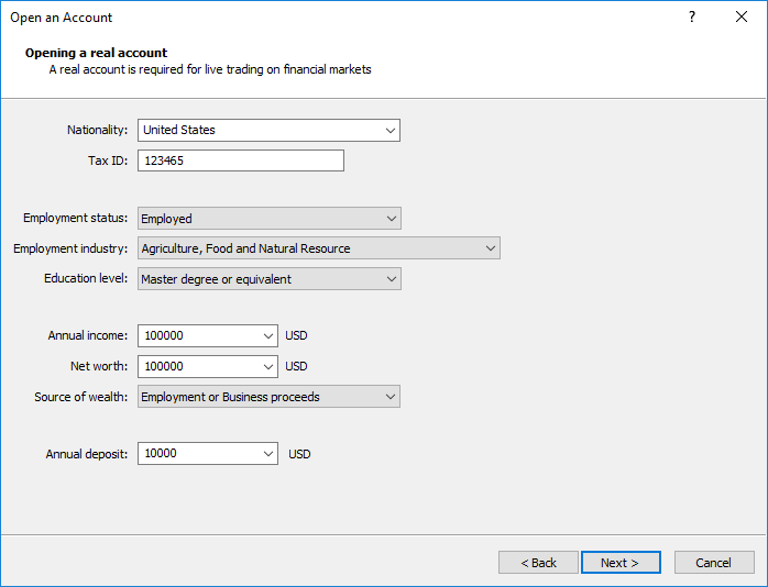 Erweiterte Form für die Eröffnung eines Realkontos