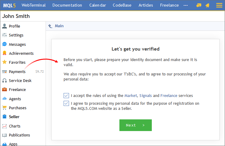 Start registration as a Signals Provider