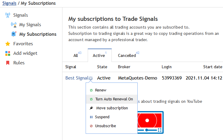 Para gestionar las suscripciones, use el apartado "Mis suscripciones" en MQL5.com