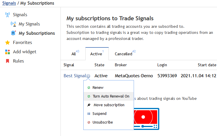 Use the My Subscriptions section at MQL5.com to manage subscriptions