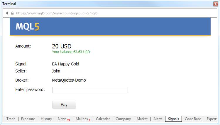 Paying online via the MQL5.community account