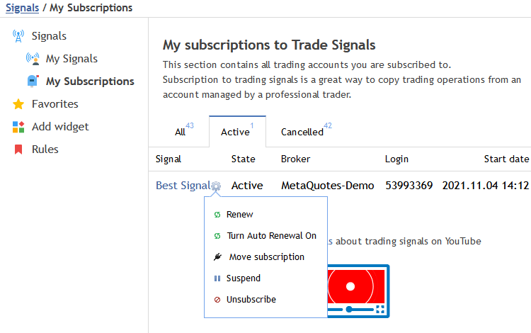 Verwaltung von Abonnements über MQL5.com