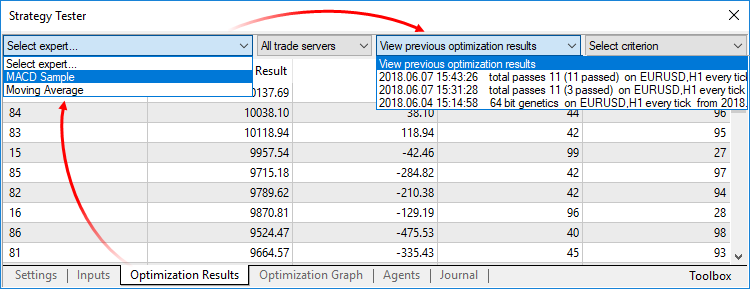 Viewing results of previous optimizations