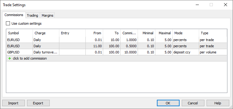 Commission settings