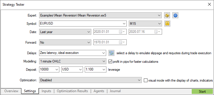 Selecionando configurações de teste